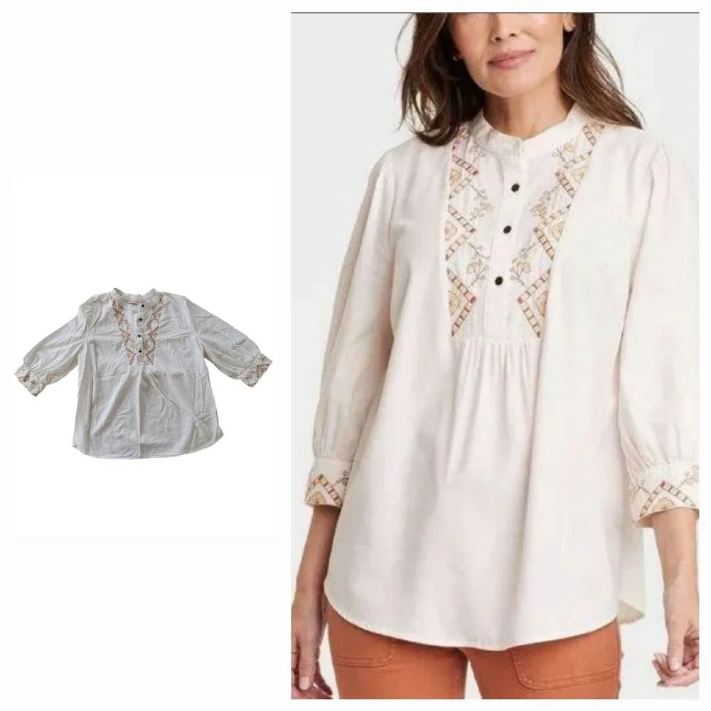 Knox Rose Embroidered Boho Peasant Tunic‎ Popover Top Cottagecore Lagenlook XXL